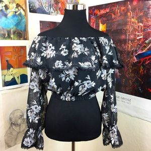 VTG 80s black sheer floral ots ruffle crop top